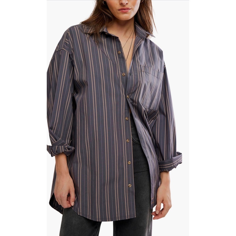 Free People Striped Button-Down Shirt in Charcoal with Rust and Cream Stripes